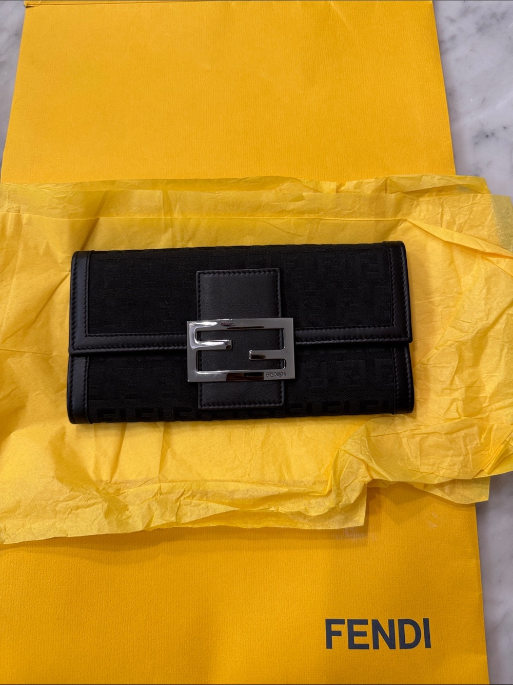 Fendi Black FF Logo Wallet with Silver Buckle